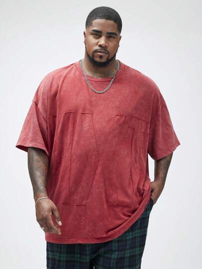 Manfinity VCAY Camiseta de manga corta holgada de hombro caído de punto jaspeado para hombre en tallas grandes, adecuada para el verano y uso diario