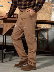 Manfinity Homme Vintage American Style Men's Khaki Denim Cargo Jeans Loose Straight Pants With Patchwork - Khaki - View 5