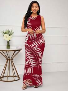 SHEIN Lady Vestido ajustado de fiesta de Navidad con estampado de plantas de vacaciones