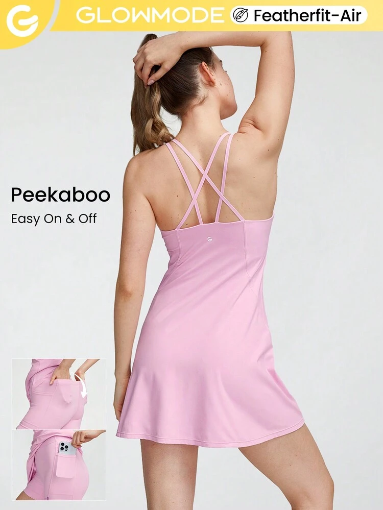 FeatherFit™-Air Peekaboo Square Neck Pocket Anti-Slip Active Mini Dress With Built-In Shorts Light Support Low Impact Spring Dress Summer Dress Quick Dry Moisture Wicking