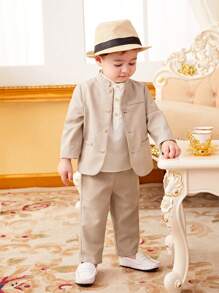 SHEIN Young Boy Casual College Style Neutral Solid Color Stand Collar Long Sleeve Shirt And Trousers Woven Two-Piece Set Boys Wedding Suitboys Dress Suits