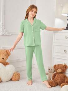 Tween Girl, cu dungi verzi, top cu mânecă scurtă și pantaloni lungi, set casual din două piese, cu buzunare, îmbrăcăminte de relaxare