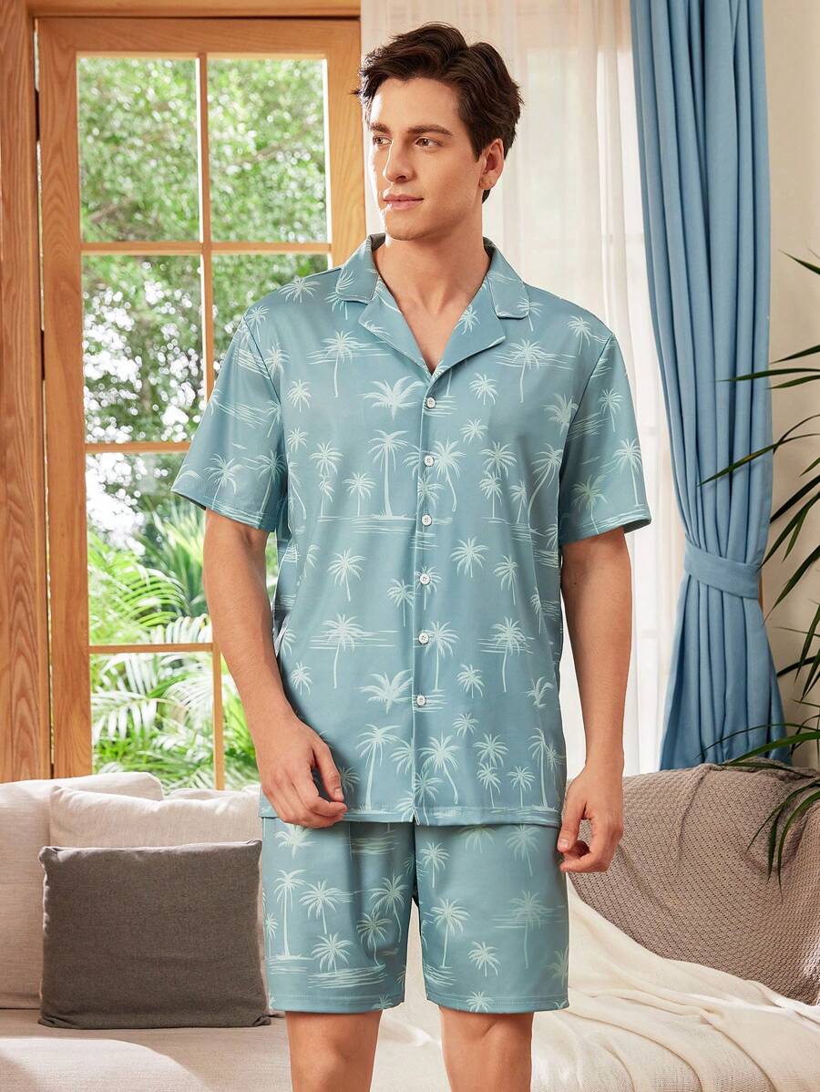 Conjunto informal para hombre de camisa estampada de palmeras de manga corta con botones y shorts para descansar durante las vacaciones