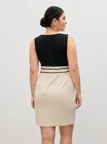 BizChic Plus Size Sleeveless Elegant Colorblock Patchwork Dress Business Women Clothes - Black - View 3