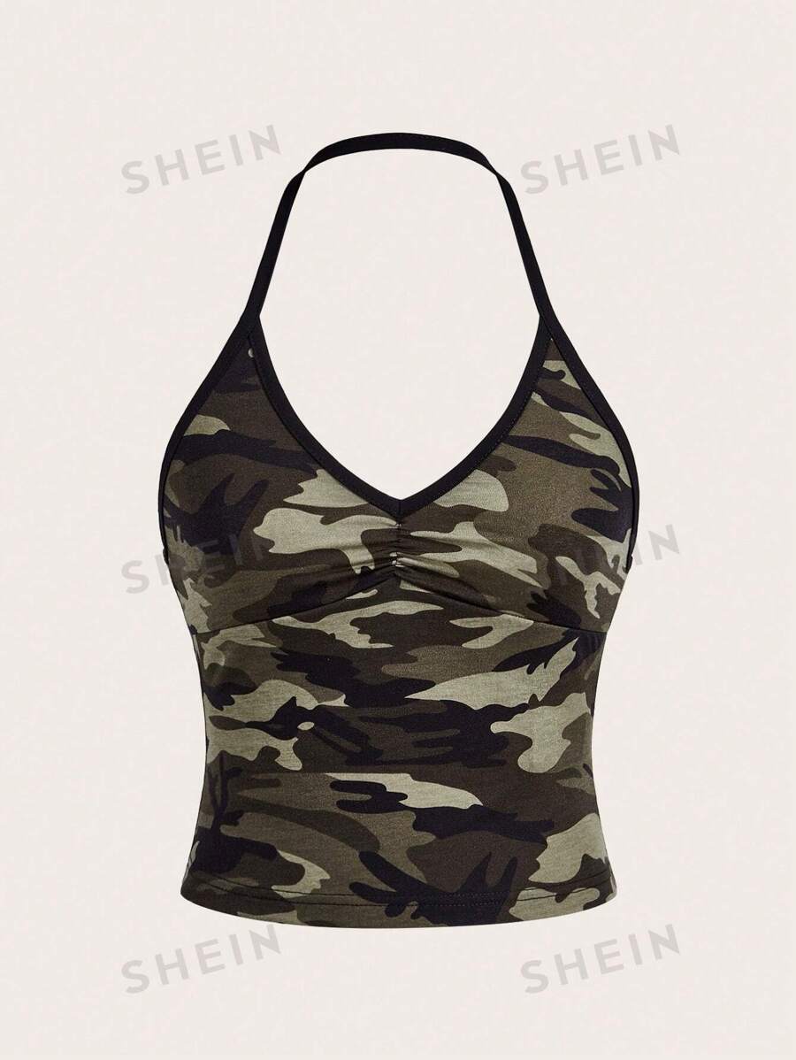 SHEIN EZwear Top de cuello halter con estampado camuflaje primaveral y fruncido