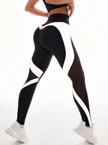 Easithlete 拼色透明網眼拼接運動打底褲 - 黑與白 - 查看 1