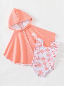 SHEIN Baby Girl Summer Beach Coconut Tree Print Ruffled One-Piece Swimsuit With Hooded Cape Cover-Up - Red - View 4