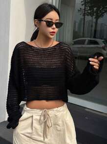 DAZY Solid Color Round Neck See-Through Long Sleeve Casual Sweater Pullover Sheer,Fall Women Clothes - Black - View 8