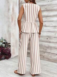 Breezaya Conjunto de dos piezas de chaleco y pantalón largo a rayas con bloques de color, ideal para vacaciones y tiempo libre