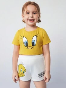 LOONEY TUNES X SHEIN Shorts casuales deportivos blancos con estampado de Piolín para niña joven - Blanco - Ver 3