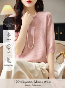 女士100%美麗諾羊毛羊毛衫套頸短袖輕薄夏秋輕奢時尚針織套頭毛衣