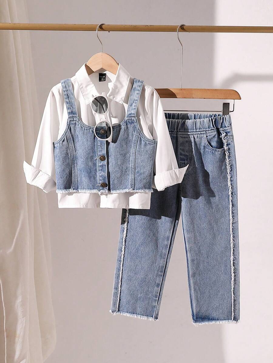 SHEIN Playful Pals 3pcs Set: Girls Denim Suspender Shirt + Tank Top + Fringe Trim Pants, Denim Outfit - Light Wash - View 1
