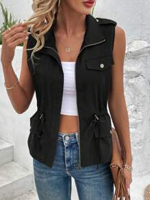SHEIN LUNE Women's Summer Casual Solid Color Drawstring Waistcoat, Sleeveless Jacket