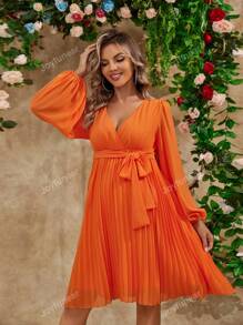 Joyfunear Lantern Sleeve Deep V-Neck Tie Waist Pleated Maternity Elegant Dress, For Party