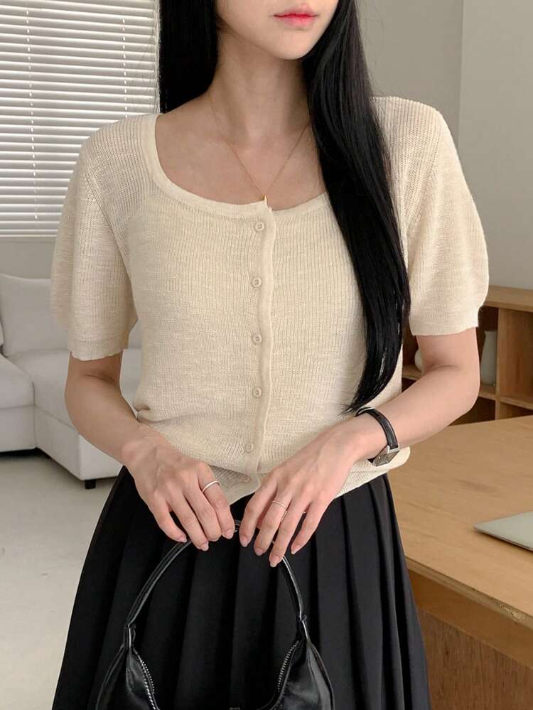 Women's Fashion Solid Color Knitted Short Sleeve Top