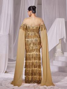 Faeriesty Rhinestone Detail Extra-Long Sleeves Fringed Sequin Prom Dress - Champagne - View 2