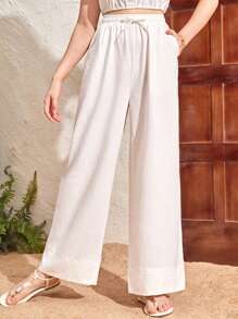 SHEIN Leap Crew 少女白色半透明编织亚麻宽腿海滩度假防晒长裤 - 白色 - 查看 1