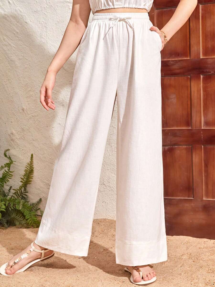 SHEIN Leap Crew 少女白色半透明编织亚麻宽腿海滩度假防晒长裤 - 白色 - 查看 1