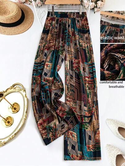 Breezaya Plus Size Allover Print Paper Bag Waist Loose Wide Leg Long Pants