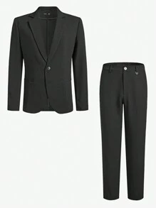 AKNOTIC Business Casual 易護理2入組男士老錢風格商務休閒織物西裝外套和拉鍊腰部長褲套裝，適用於春秋時節，適用於職場 - 黑色 - 查看 1