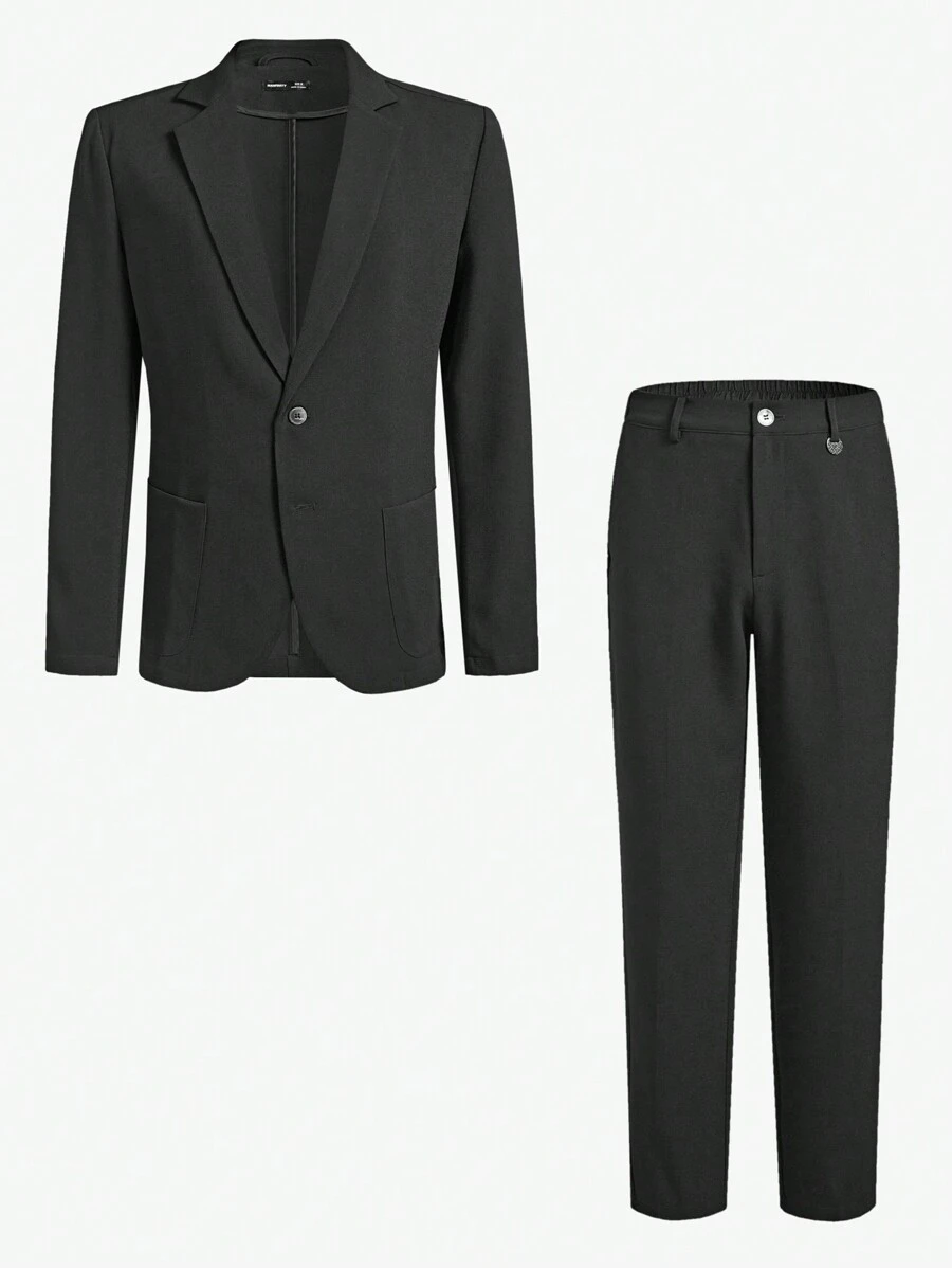 AKNOTIC Business Casual 易護理2入組男士老錢風格商務休閒織物西裝外套和拉鍊腰部長褲套裝，適用於春秋時節，適用於職場 - 黑色 - 查看 1