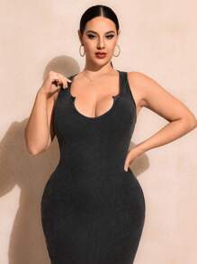 SHEIN SXY Plus Size High-Stretch Soft Fabric V-Neck Bodycon Dress With Hip Package - Black - View 5