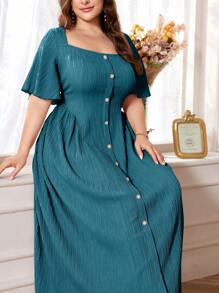 Mulvari Đầm Maxi Mùa Hè Tay Ngắn Cổ Vuông Màu Trơn Cỡ Lớn Cho Nữ - Màu xanh lam - Xem 1