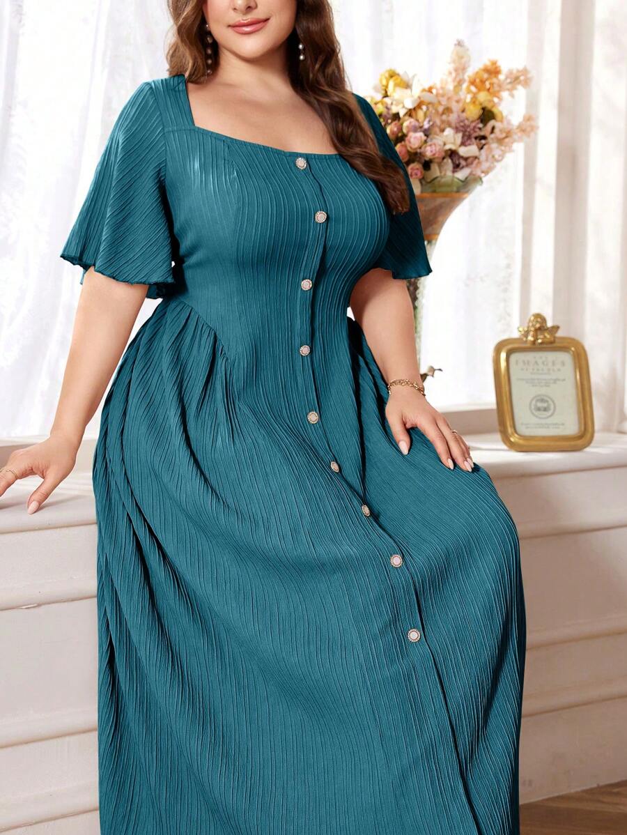 SHEIN Mulvari Plus Size Solid Color Square Neck ButtonUp Short Sleeve