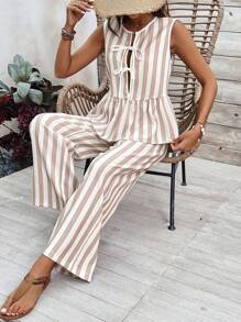 Breezaya Conjunto de dos piezas de chaleco y pantalón largo a rayas con bloques de color, ideal para vacaciones y tiempo libre
