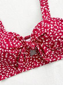 Soleia Women's Summer Vacation Red & White Polka Dot Knitted Slim Fit Crop Top With Front & Midriff Cut-Outs, Bow Tie Details - Red and White - View 2