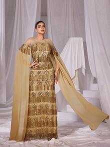 Faeriesty Rhinestone Detail Extra-Long Sleeves Fringed Sequin Prom Dress - Champagne - View 5