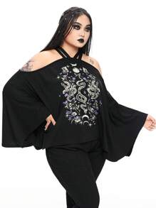 ROMWE Goth تيشيرت بأجنحة الخفاش للمقاسات الكبيرة بطبعات ثعبانية جذابة وغامضة بنجمات وقمر وزهور - الأسود - مشاهدة 3