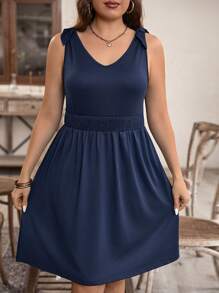 SHEIN LUNE Plus-Size Solid Color Waist Tie Simple Vacation Dress