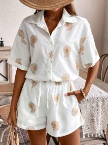 SHEIN Frenchy Summer White Linen Embroidery Going Out Set, Blouse Jacket Women's Shorts Two-Piece Set, Conch Embroidery, Holiday Set, Suitable For Daily Home And Holiday Wear, Fabric Breathable And Comfortable Women's Random Printed Simple Daily 2pcs/Set