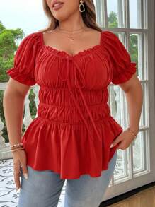 Flirla Plus Size Women's Vacation Solid Color Sweetheart Neckline Pleated Front Tie-Up Shirt With Frill Trim - Red - View 4