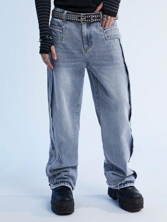 Manfinity Roghcode Blugi largi pentru bărbați, albastru deschis, stil stradal, Y2K, cu design special de croitorie 3D