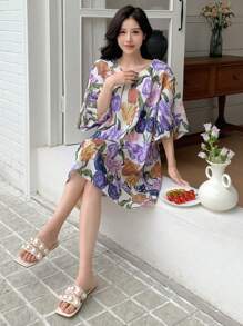 DAZY Loose Sleeping Dress With Floral Pattern Print Pajama - Purple - View 5