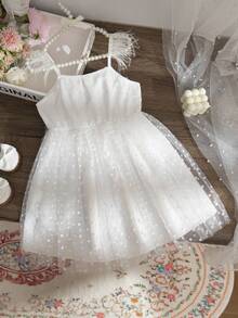SHEIN 年轻女孩白色细肩带优雅薄纱羽毛装饰公主裙适合婚礼花童、度假装 - 白色 - 查看 2