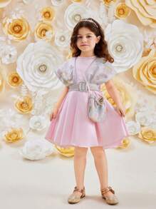 SHEIN 女婴亮片印花网纱针织衫，网纱荷叶袖连衣裙，适合各种场合。 - 粉色 - 查看 5