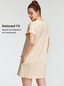 GLOWMODE Vestido camiseta holgado de mezcla de algodón modal con bolsillos laterales, adecuado para uso diario casual - Albaricoque - Ver 2