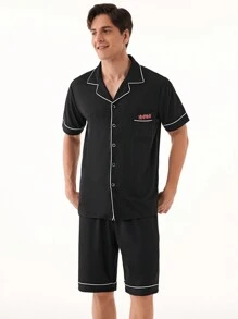Men's Cartoon Print Single-Breasted Short Sleeve Shirt And Shorts Casual Homewear Set, Summer - Black - View 9