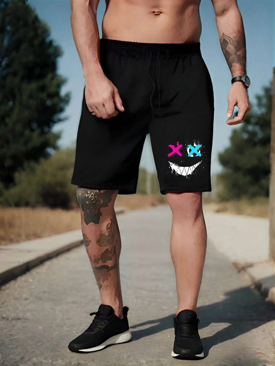 Shorts casuales de ajuste holgado para hombre con estampado y cintura de cordón - Negro - Ver 1