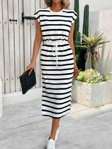 Calvaya Striped Casual Knitted Long Dress, Versatile,Ladies Casual Split Cap Sleeve Round Neck Regular Fit Long Black And White Batwing Sleeve Colorblock,Striped Fitted Women Long Dresses,Spring/Summer,Casual Daily Wear Maxi Vacation Beach Outfit