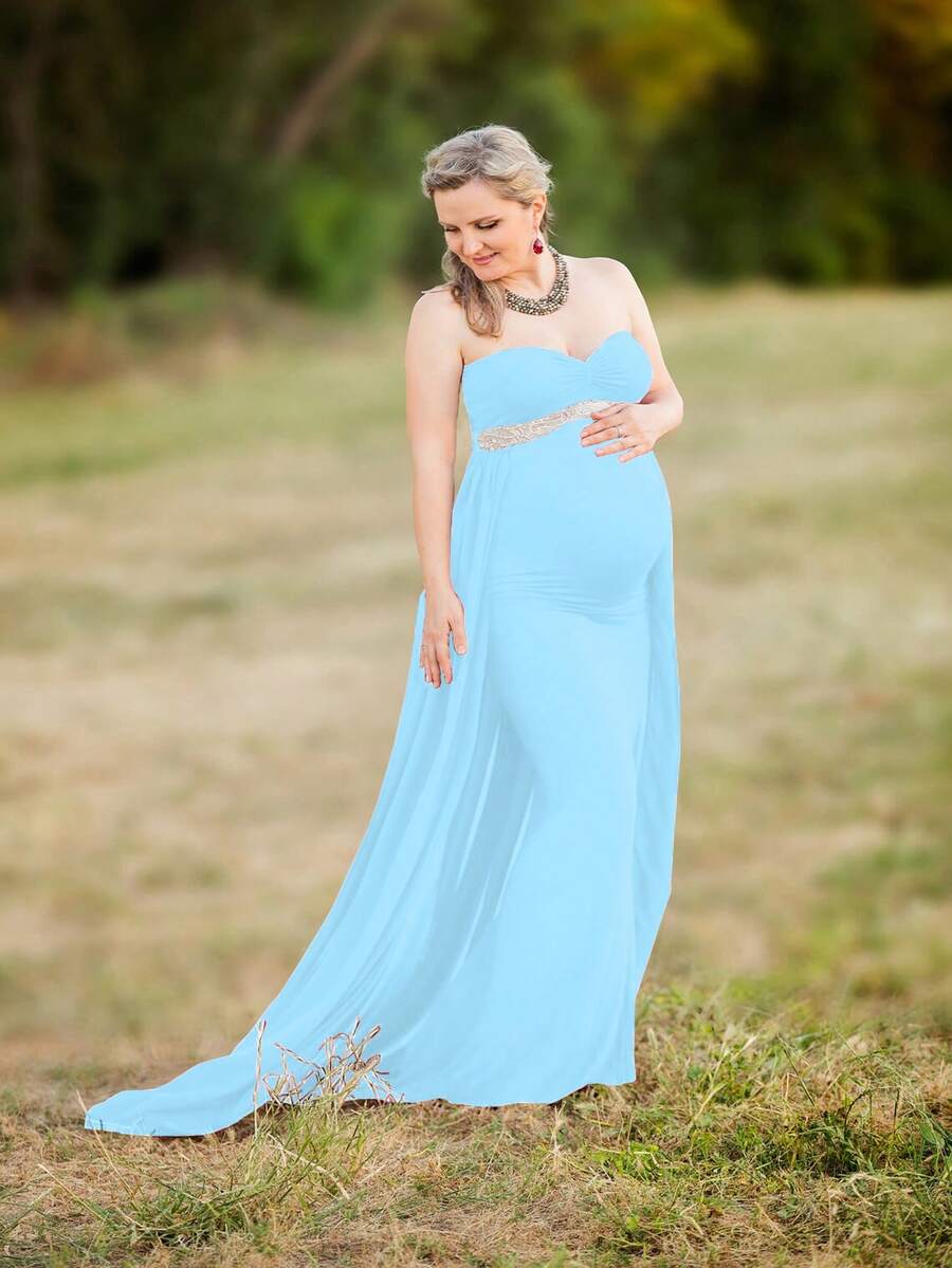 Maternity Tube Top Dress With Long Chiffon Train For Baby Shower Photoshoot - Baby Blue - View 1