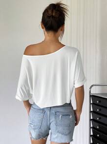 SHEIN EZwear 女士休闲简约仿贴花星星印花露肩短袖超大 T 恤，适合夏季