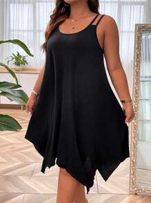 SHEIN CURVE+ Vestido De Talla Grande De Tirantes Con Espagueti, Asimétrico Con Dobladillo unicolor Para Verano - Negro - Ver 4