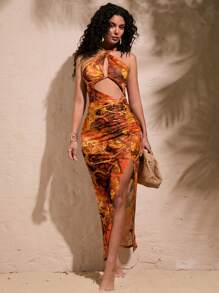 Opulessa Knitted Mesh See-Through Halterneck Backless Slit Thigh Women's Sexy Dress, Ideal For Vacation,Bachelorette Dress, Fall Women Clothes - Multicolor - View 4