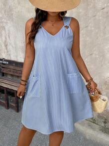 Elenzga Plus Size Women's Striped Sleeveless Straight Casual Dress With Two Pockets, Summer - Blue - View 4