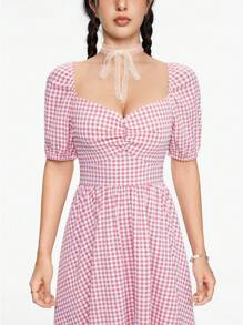 ROMWE Kawaii Women's Casual Plaid Sweetheart Collar Cinched Waist Dress, Summer