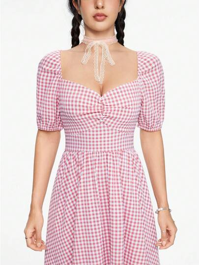 Kawaii Women's Casual Plaid Sweetheart Collar Cinched Waist Dress, Summer